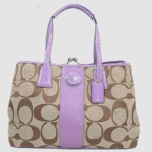Beautiful COACH large Signature Stripe Framed Kisslock Carryall Satchel~Lilac